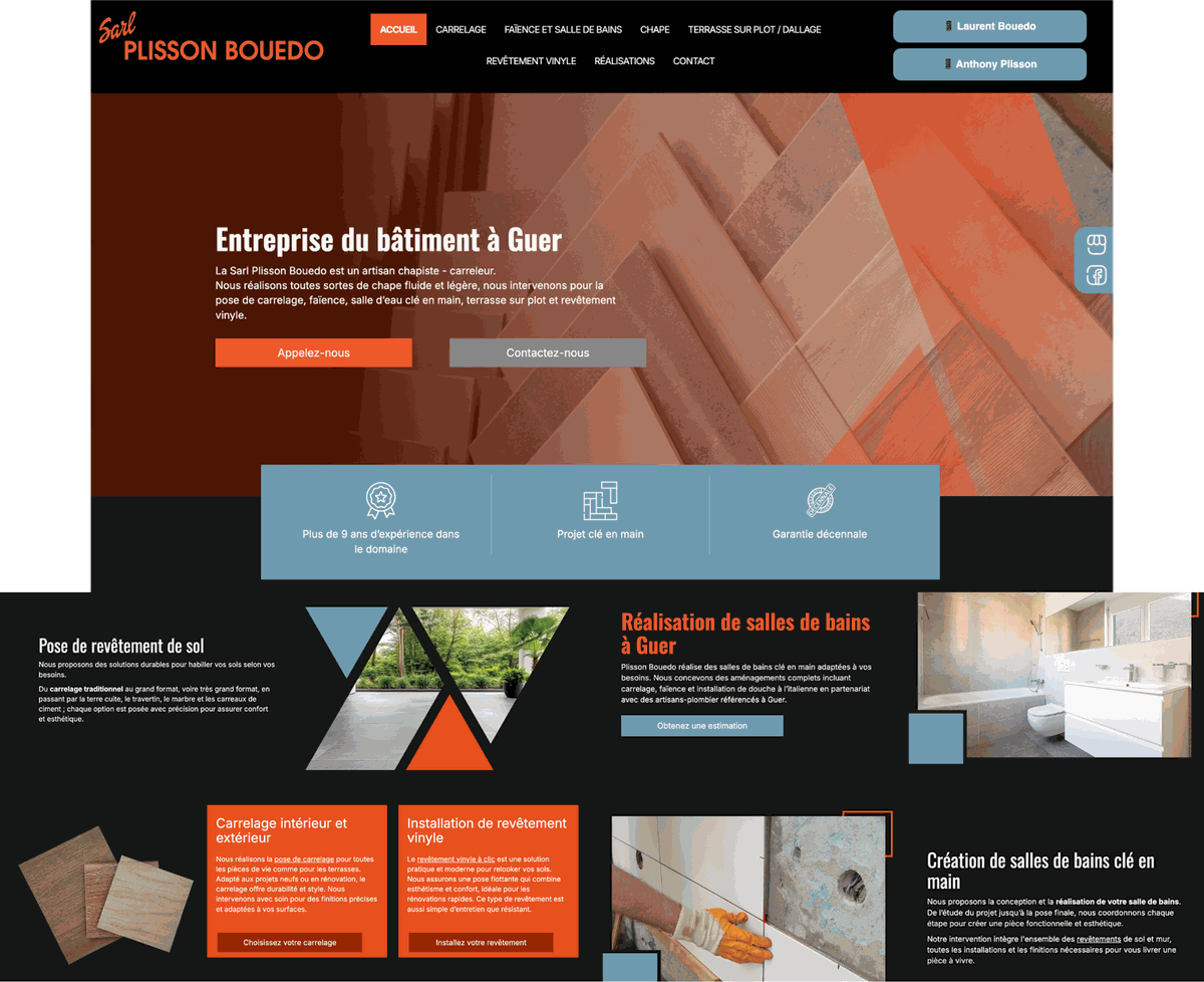 Maquette du site internet d'une entreprise de carrelage et renovation sur ordinateur et mobile